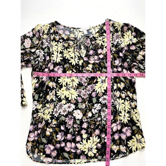 LC Lauren Conrad Black Yellow Pink Floral Flutter Sleeve Pintuck Pleat Top S - Picture 3 of 8